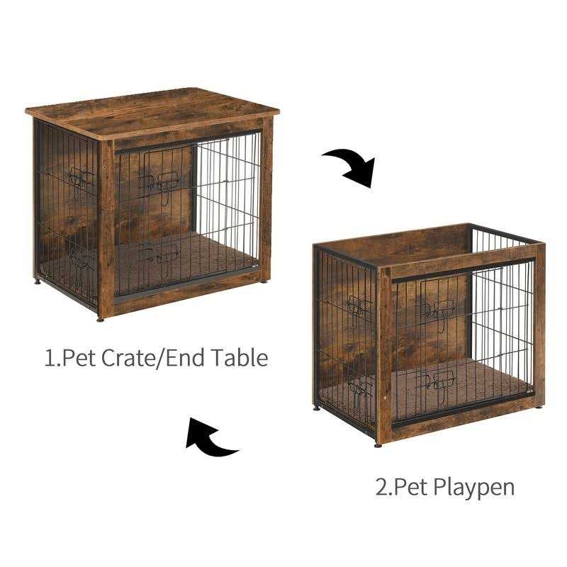 DWANTON Dog Crate Furniture with Cushion Wooden Dog Crate with Double Doors