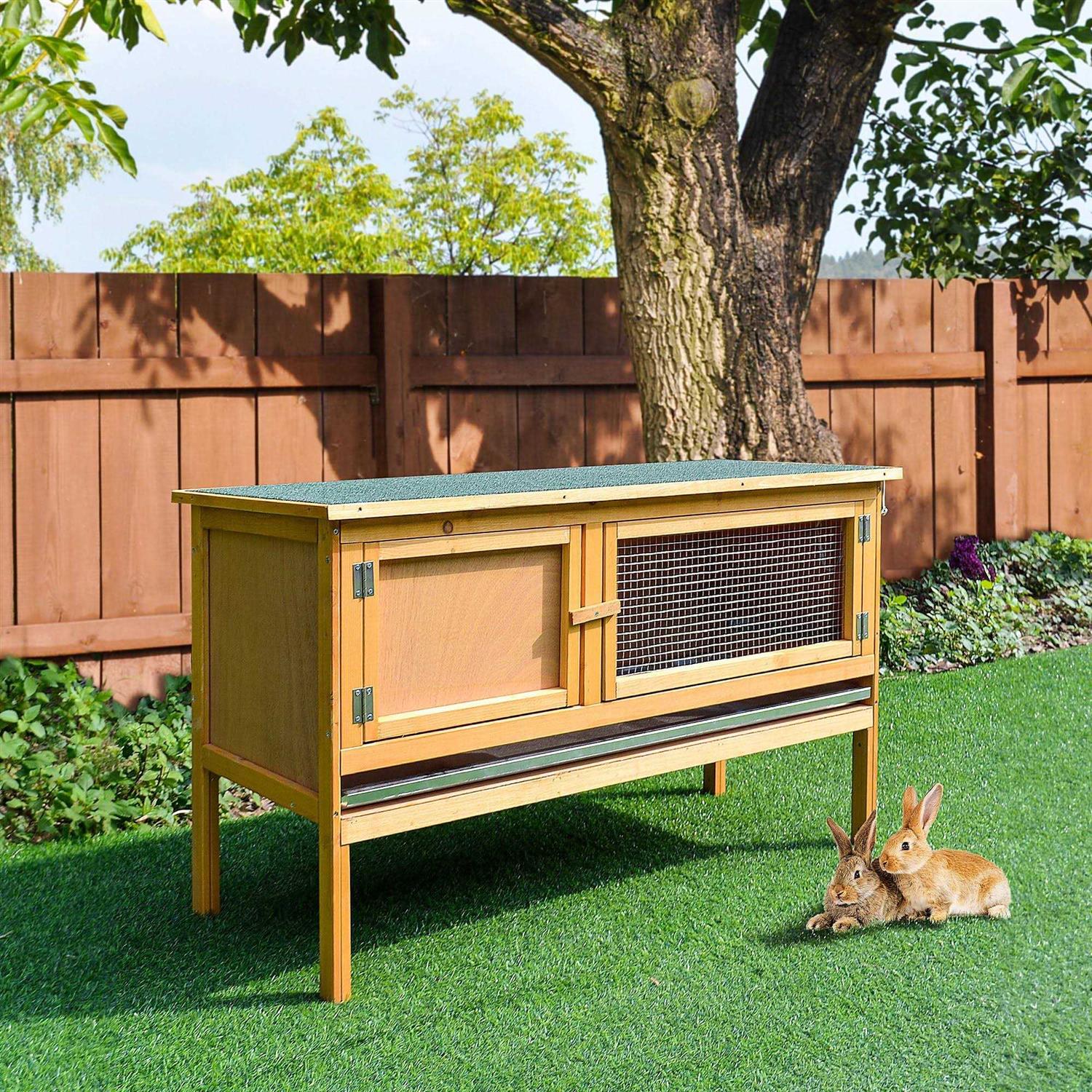 PawHut Wooden Rabbit Hutch Bunny Cage with Openable Waterproof Roof
