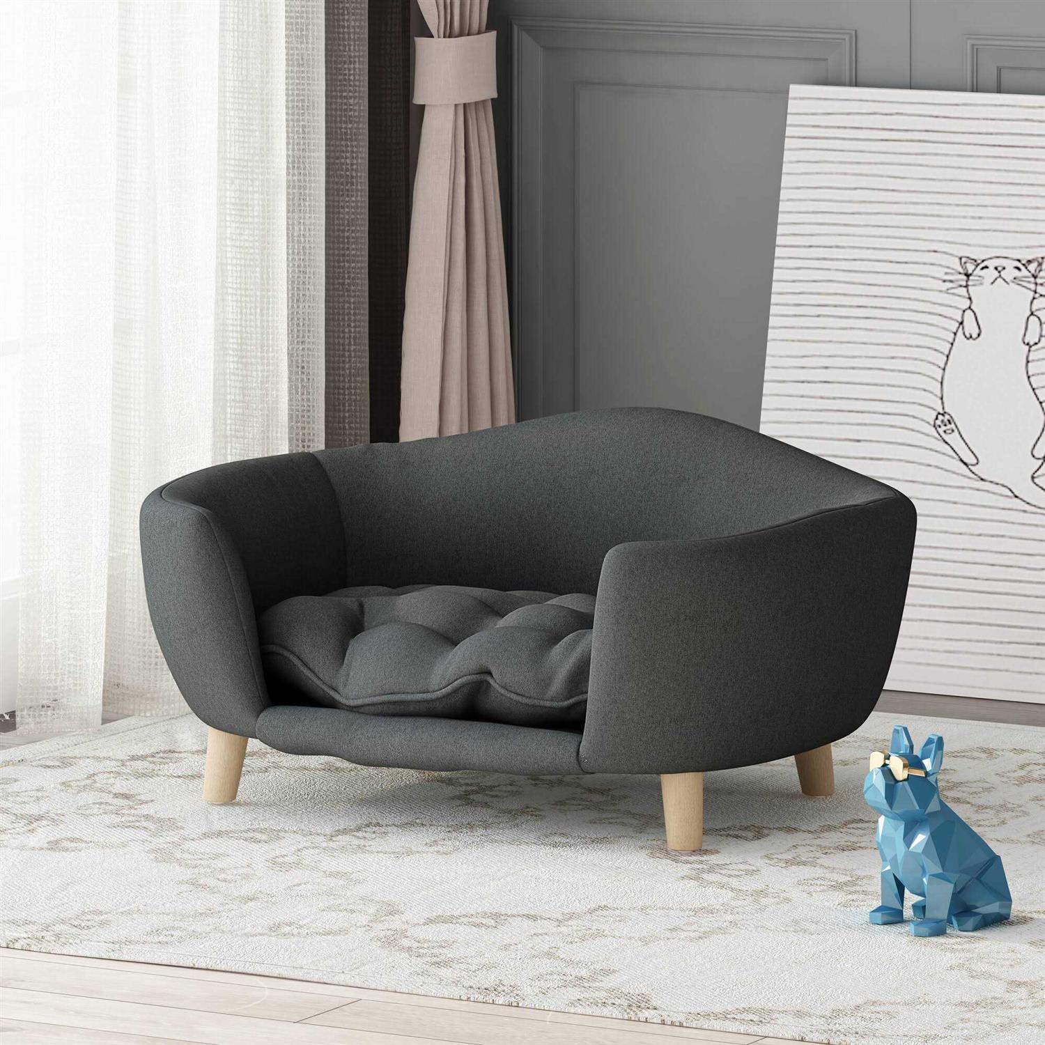 Noble House Ferncliffe Mid Century Small Plush Pet Bed, Dark Gray and Natural Finish