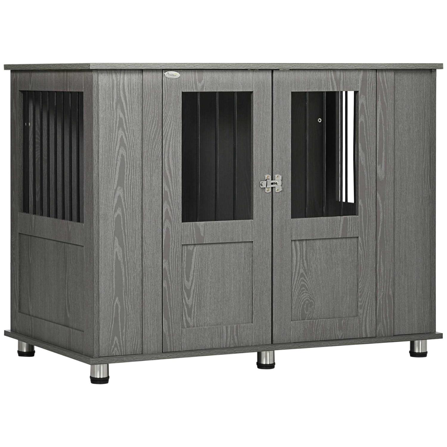 PawHut Dog Crate Furniture Wooden End Table Furniture with Lockable Magnetic Doors
