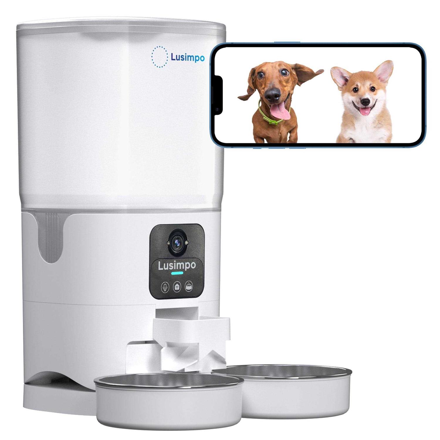 LUSIMPO Automatic Dual Pet Feeder with 1080P HD Camera for 2 Dogs/Cats