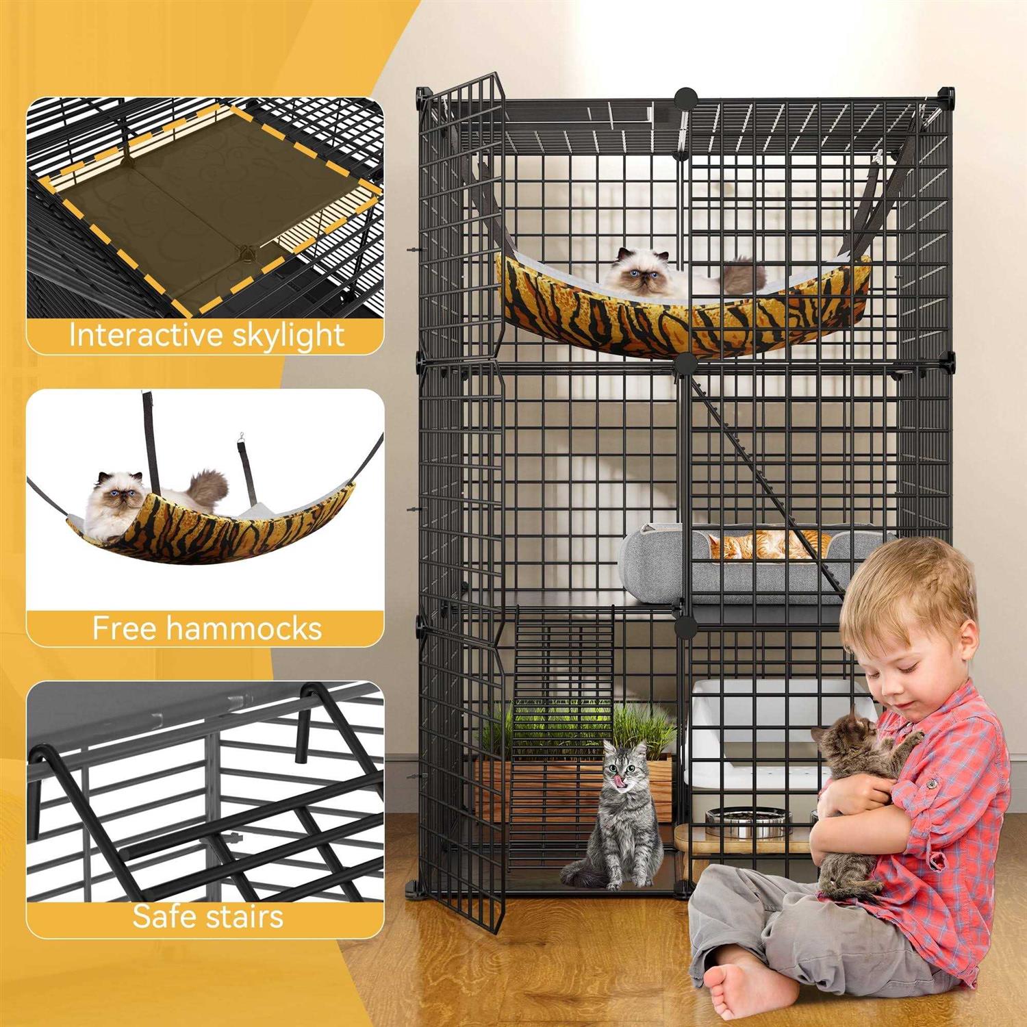 Dextrus 3-Tiers Cat Cage,Cat Enclosures Metal Cat Kennels Pet Crate with Extra Large Hammock for 1-2 Cats