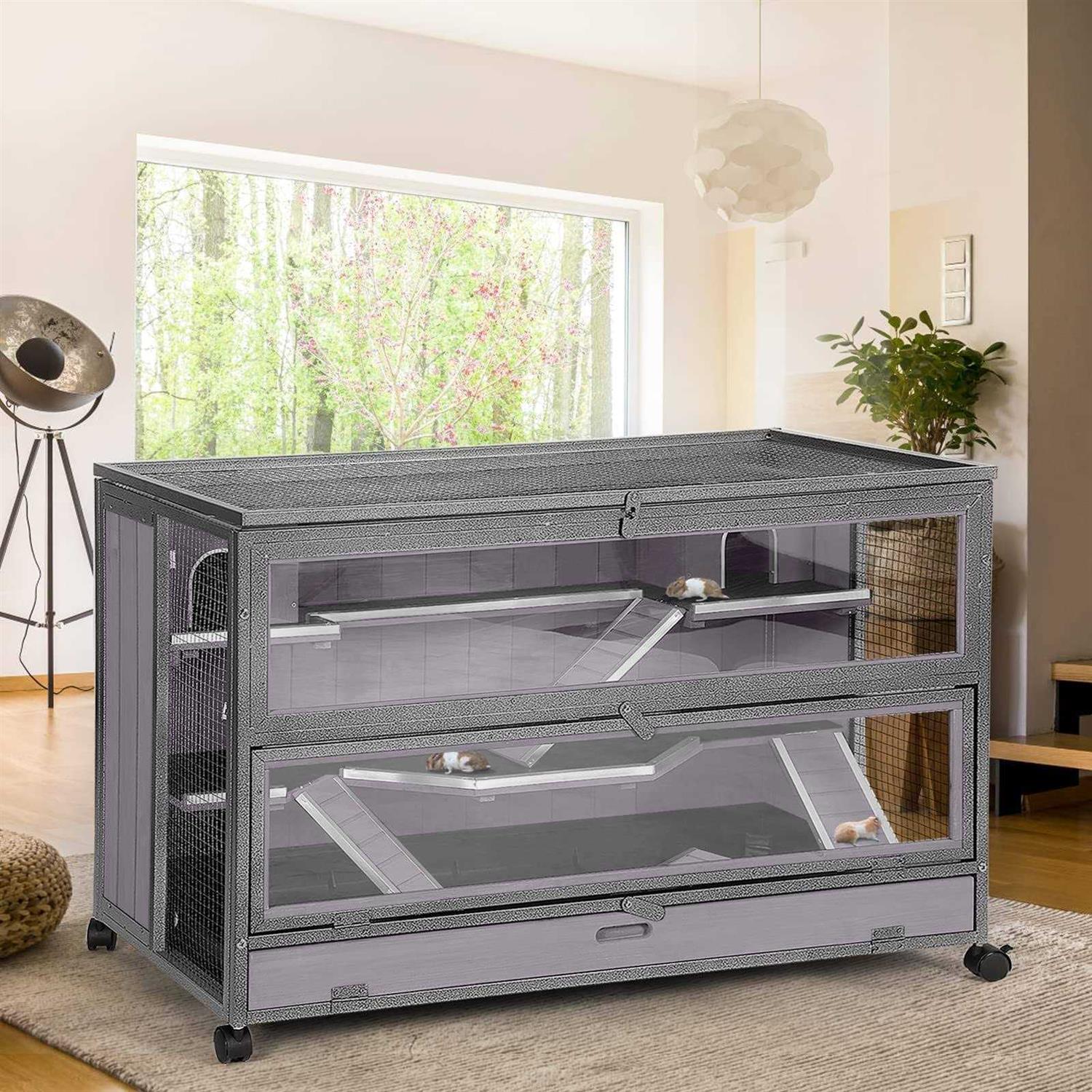 Guinea Pig Cage Hamster Cage 3 Levels Small Animal Cages with Chewing Toy, Food Bowl, Seesaw, Hideout and Plastic Tray