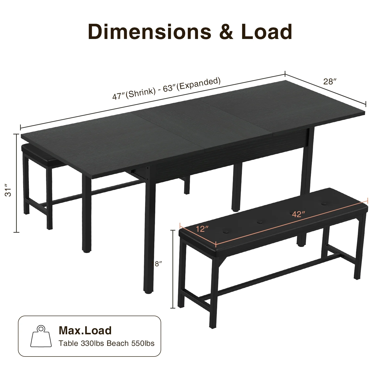 FiveWillowise 3-Piece Dining Table Set for 4-8, Kitchen Table Set with Metal Frame & Wooden Board .63