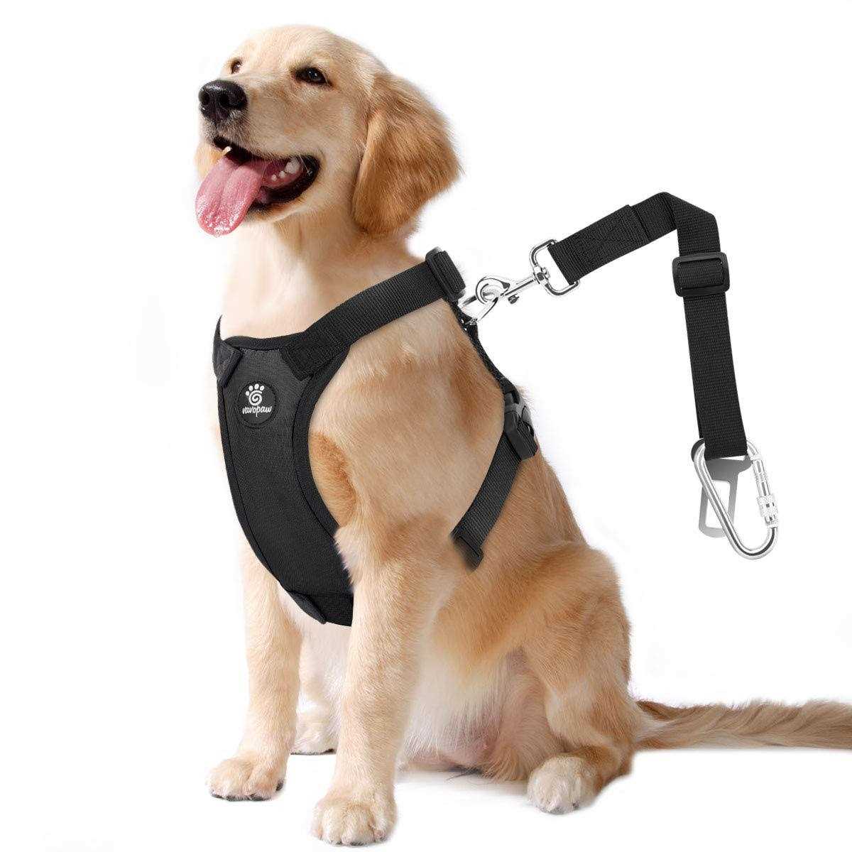 VavoPaw Dog Vehicle Safety Vest Harness, Adjustable Soft Padded Mesh Car Seat Belt Leash Harness with Travel Strap and Carabiner