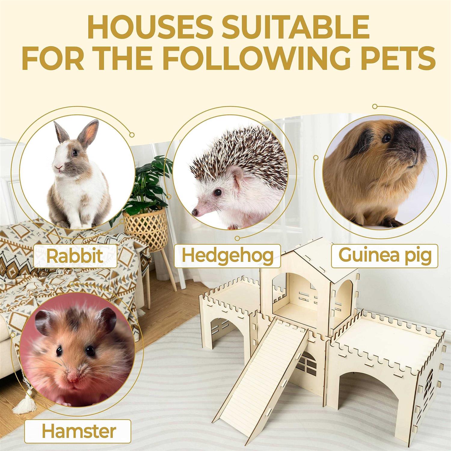 Cour Pets Large Rabbit Castle & Chew Toys Set of Wooden Rabbit Hideout with 3 Chew Toys & Staircase