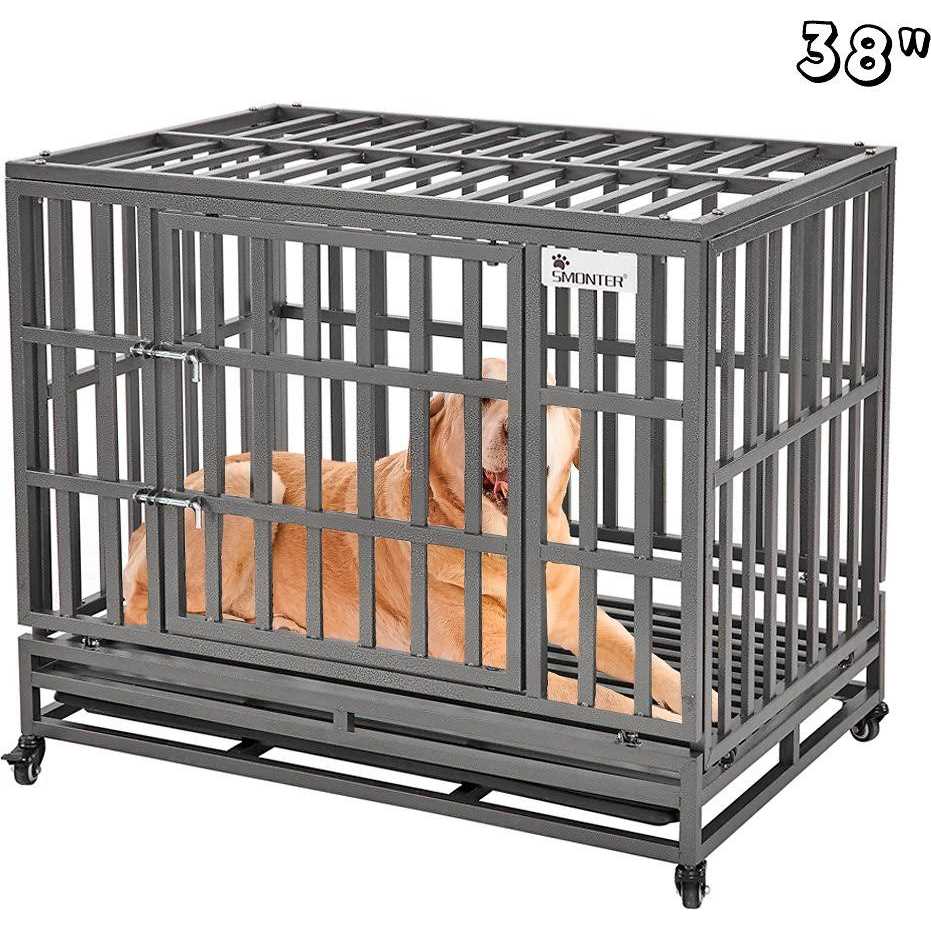 SMONTER Heavy Duty Strong Metal Dog Cage Pet Kennel Crate Playpen Wheels