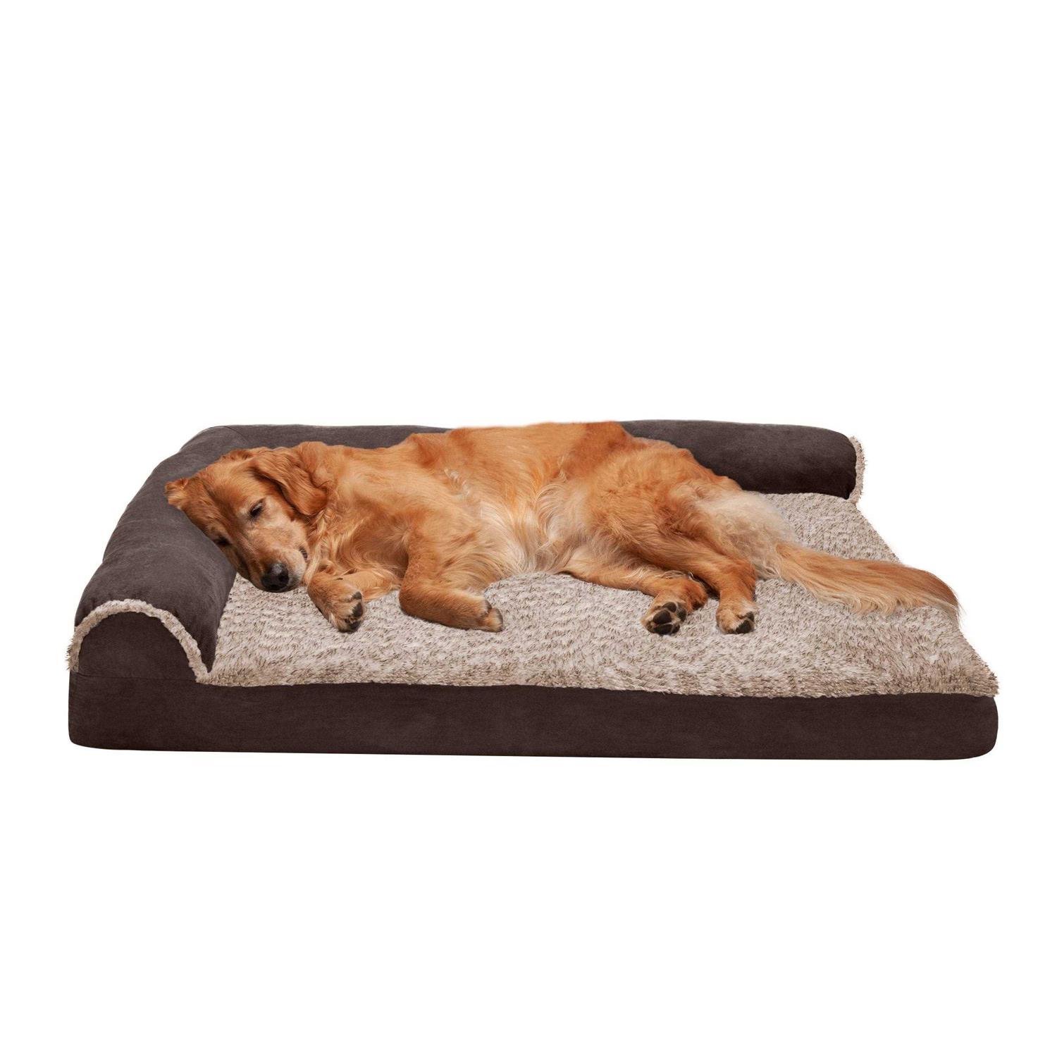 FurHaven Pet Bed Two-Tone Faux Fur Suede Deluxe Chaise Lounge Dog Bed