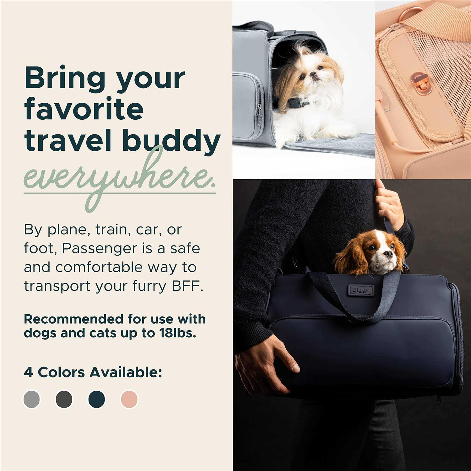 Diggs Travel Pet Carrier for Small Dogs and Cats, Plane, Train, or Car