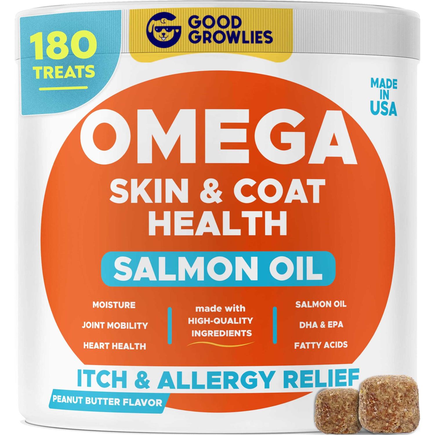 GOODGROWLIES Omega 3 Alaskan Fish Oil Treats for Dogs Dry&Itchy Skin Relief + Allergy Support