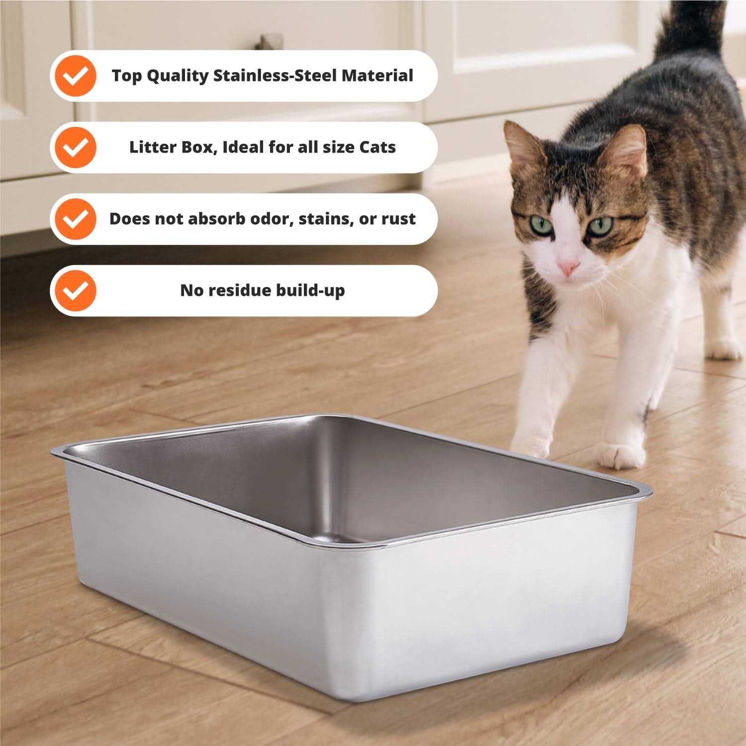 Stainless Steel Cat Litter Box With High Sides Never Absorbs Odor, Stains or Rusts