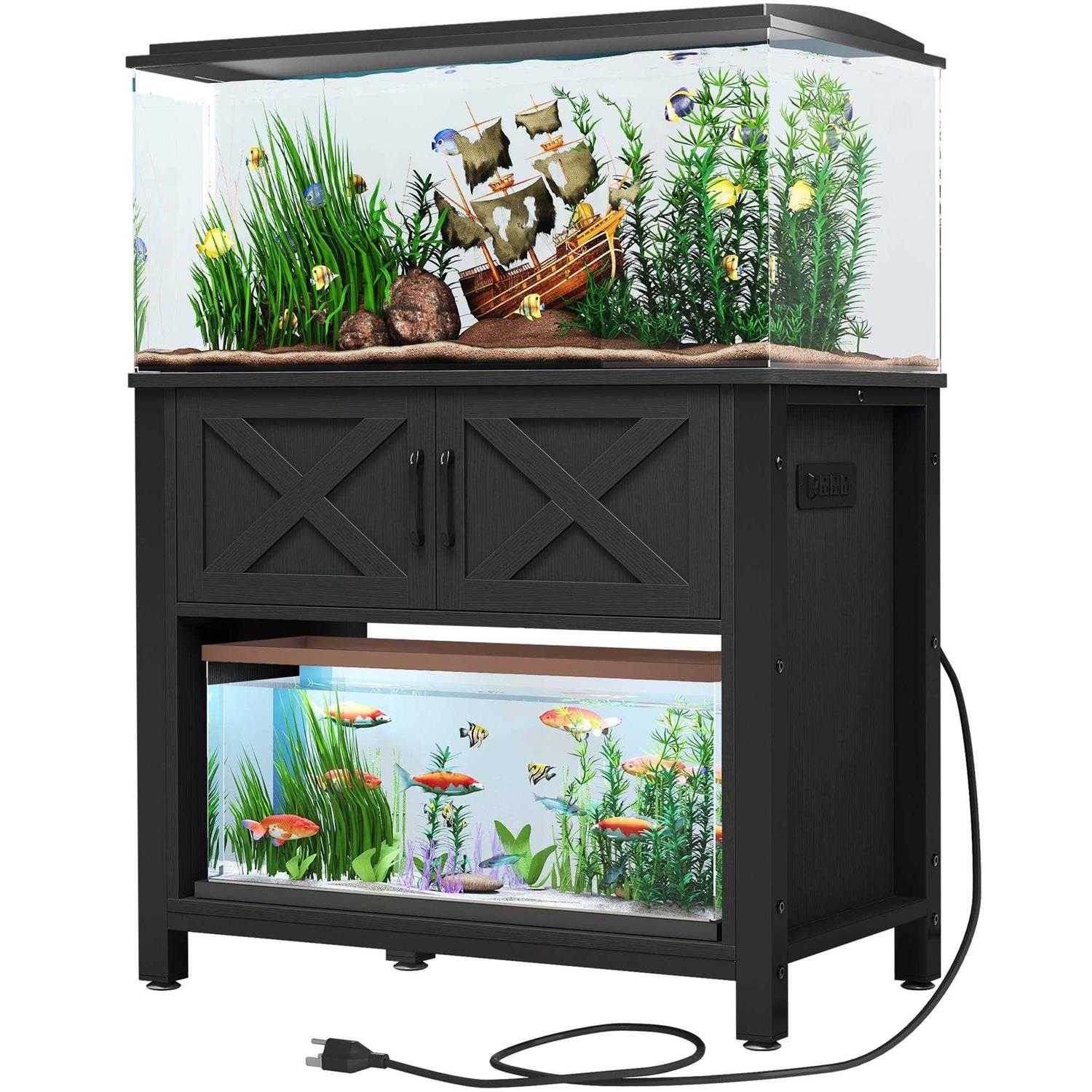 DWVO Heavy Duty Metal Aquarium Stand with Power Outlets Cabinet for Fish Tank Accessories Storage
