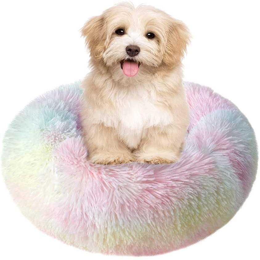 Otoez Round Plush Donut Pet Bed Warm Fur Cuddler Dog Cat Cushion Bed Calming Bed Non-Slip Bottom