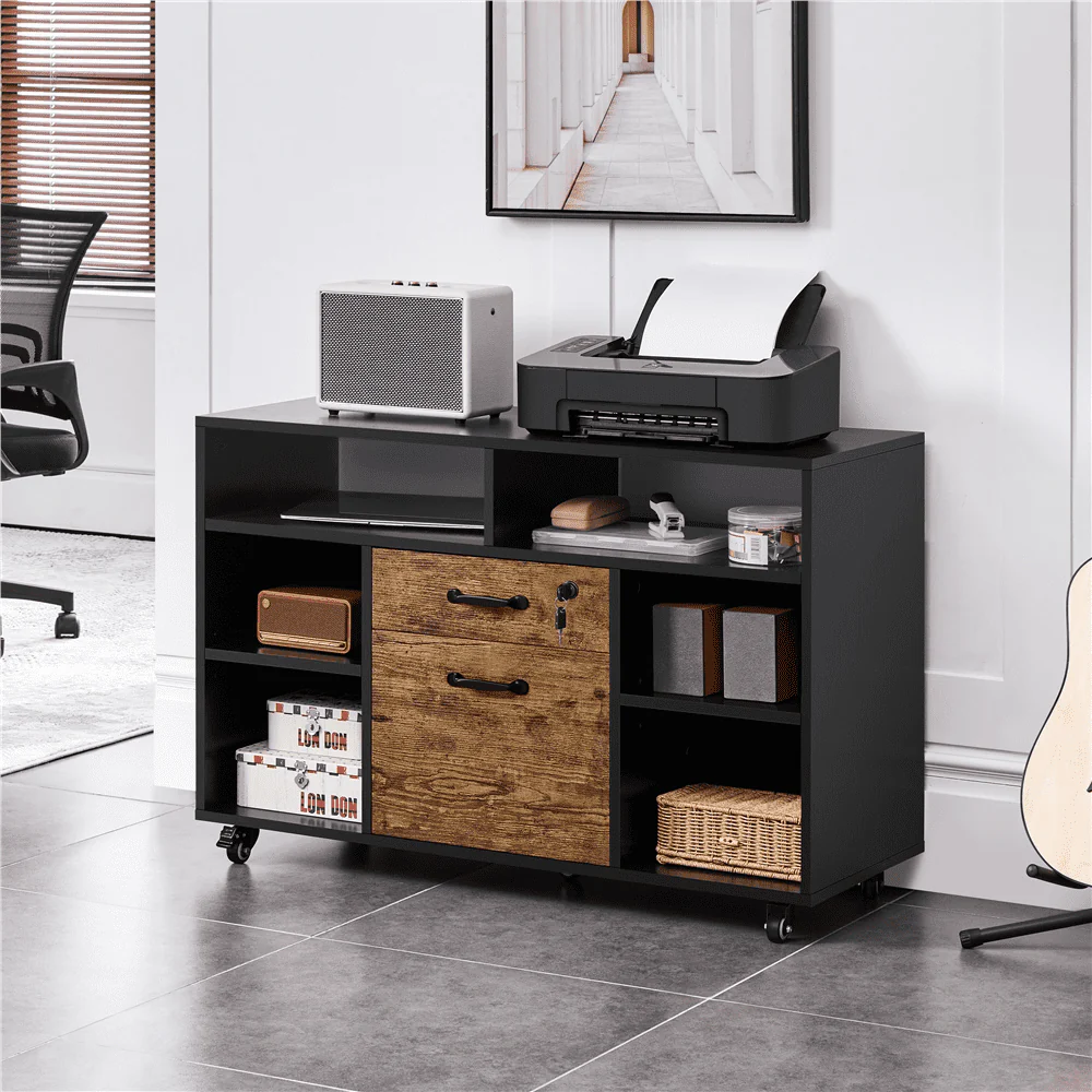 Smile Mart Industrial Wooden Rolling File Cabinet with Lockable Drawer ...