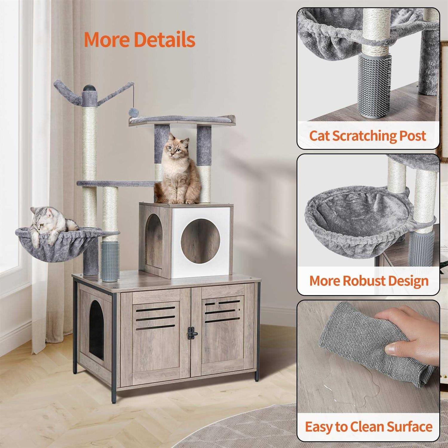 Snughome Cat Litter Box Enclosure with Cat Tree Wooden Hidden Cat Washroom Furniture with Condo