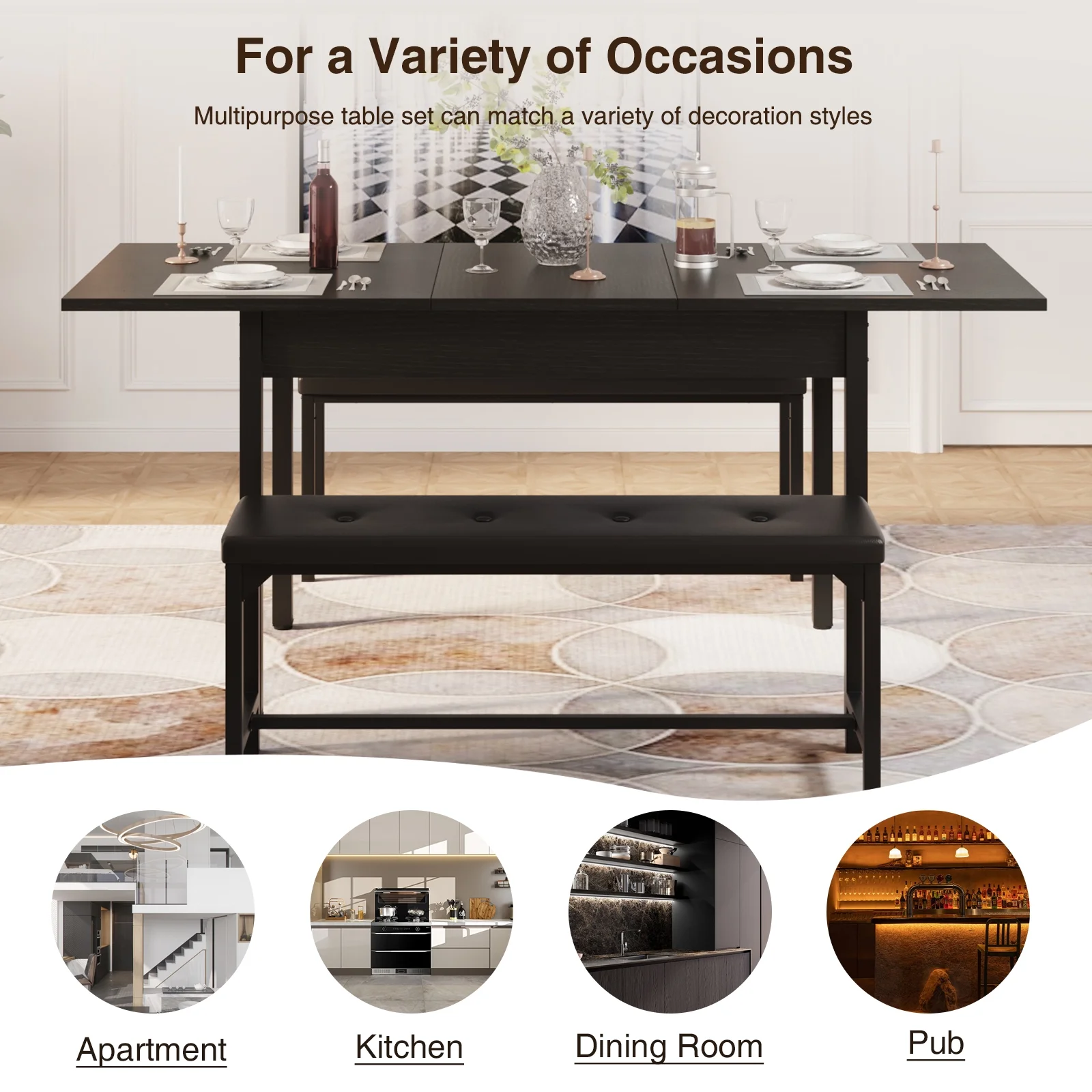 FiveWillowise 3-Piece Dining Table Set for 4-8, Kitchen Table Set with Metal Frame & Wooden Board .63