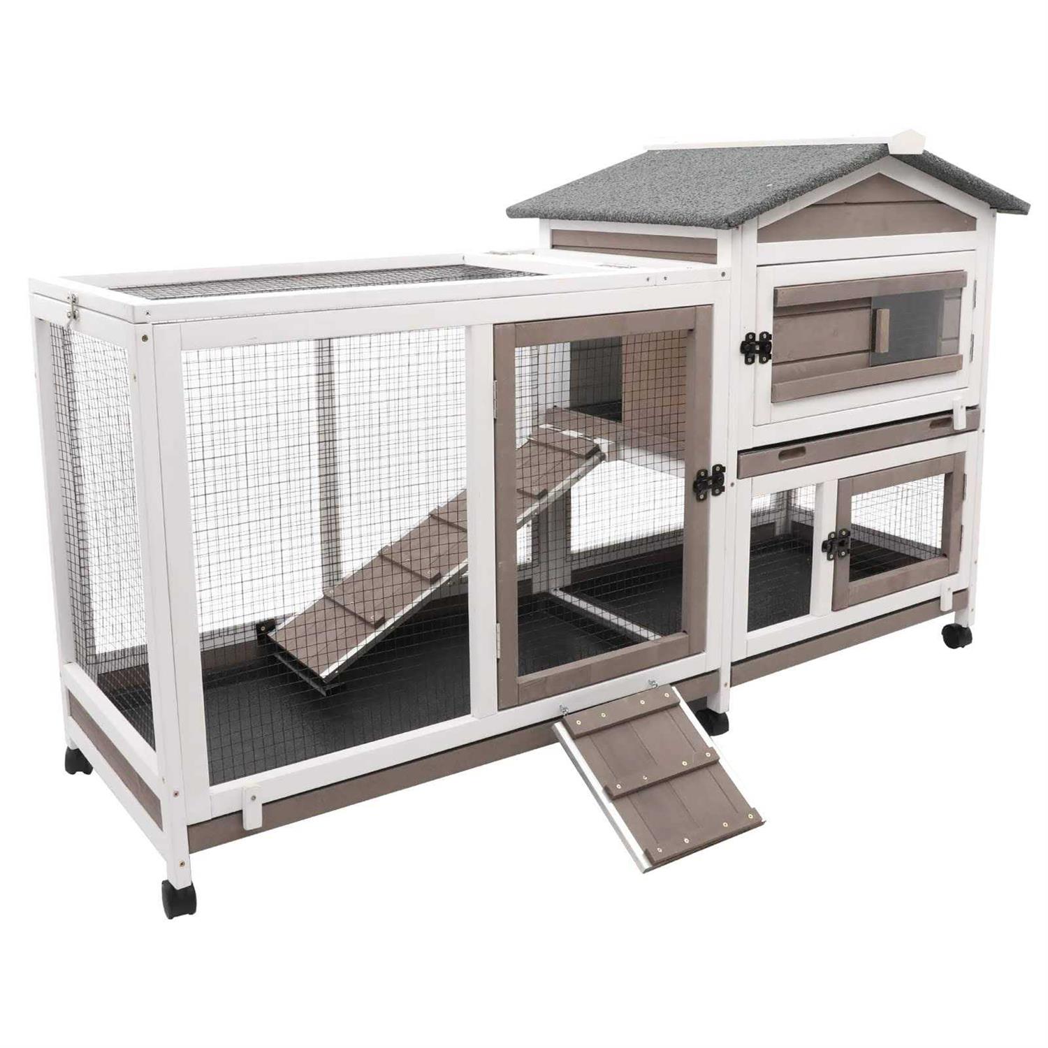 Gowoodhut Rabbit Hutch Indoor Outdoor 2 Story Bunny Cage with 3 No Leak Trays,55.31 L Guinea Pig Cages Rabbit Cage with 6 Wheels for Guinea Pig
