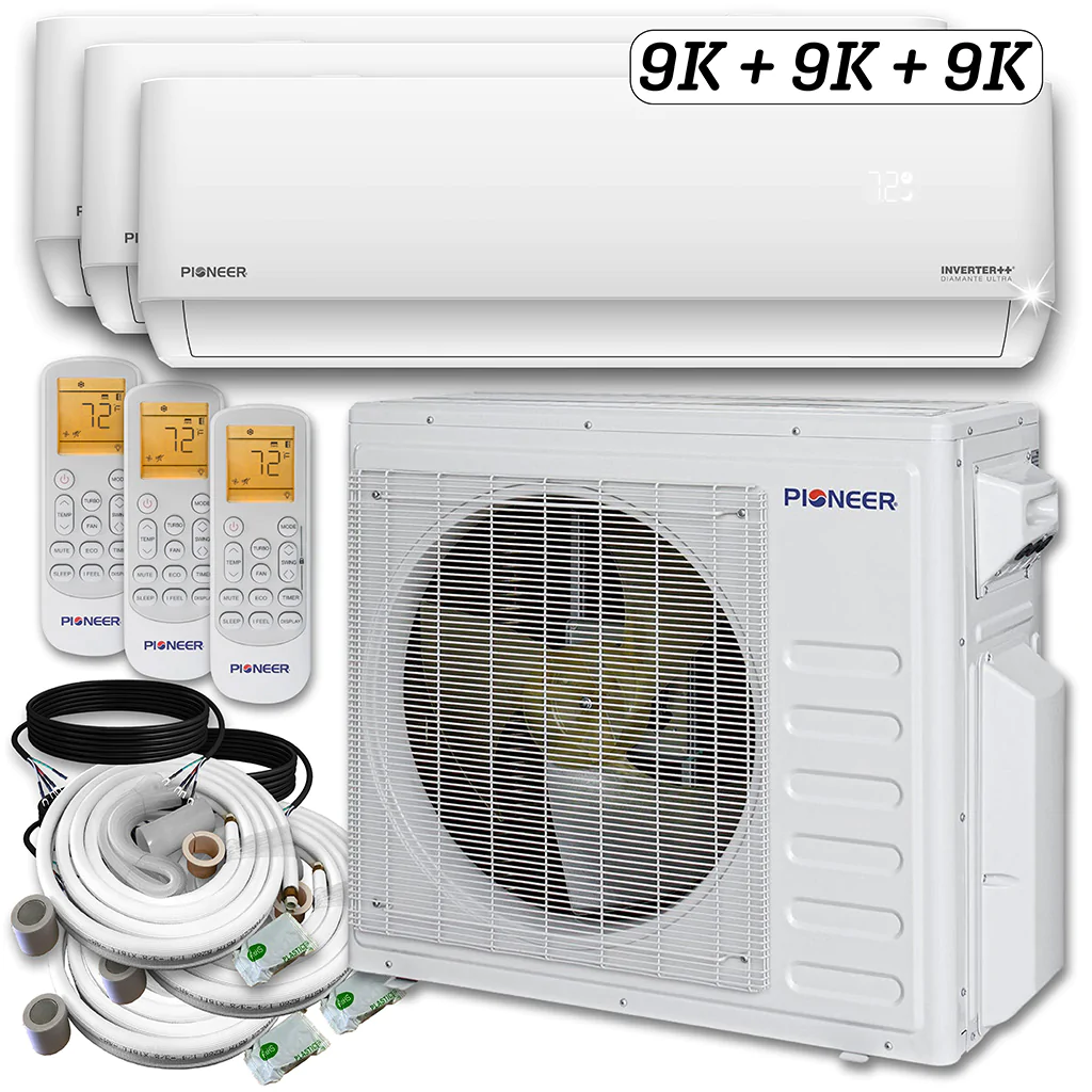 Pioneer® Mini Split 27,000 BTU 3 Zone Ductless Air Conditioner and Heat Pump with 10 Install Kits, WYT030GLHI22M3-9W-9W-9W-10