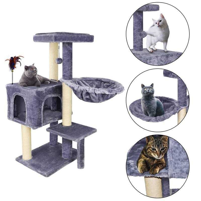 Aiwikide 002G Cat Tree has Scratching Toy with a Ball Activity Centre Cat Tower Furniture Jute-Covered Scratching Posts Grey