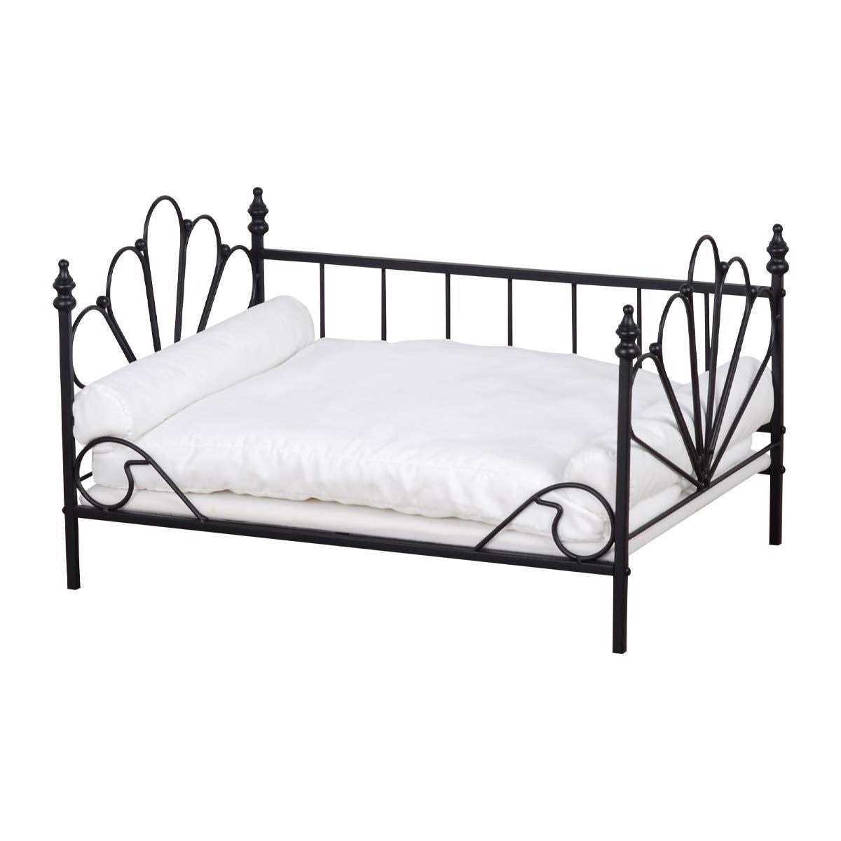 Babyland Bed for Dog, Pet Couch Bed with Metal Frame and Detached White Velvet Cushion with 2 Pillow for Small Pet