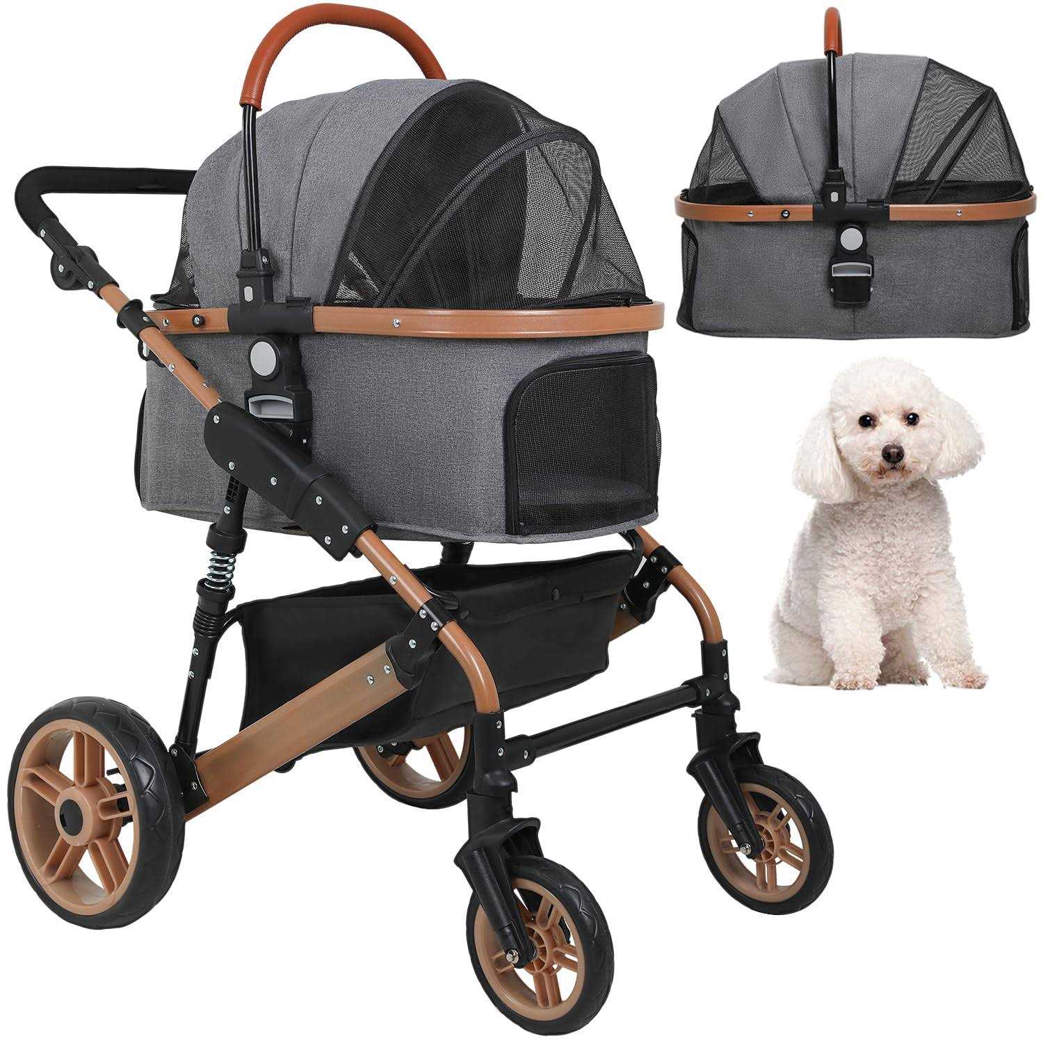 BestPet Pet Stroller Premium 3-in-1 Multifunction 4 Wheels Dog Cat Stroller for Large Medium Dogs Cats Aluminium Frame Folding Lightweight Travel
