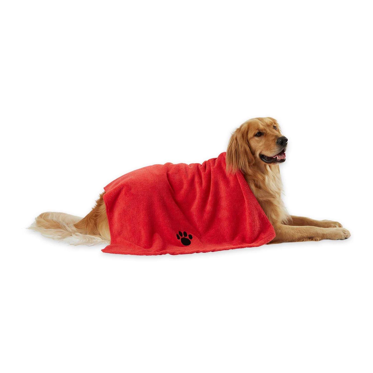 Bone Dry Red Embroidered Paw Pet Towel