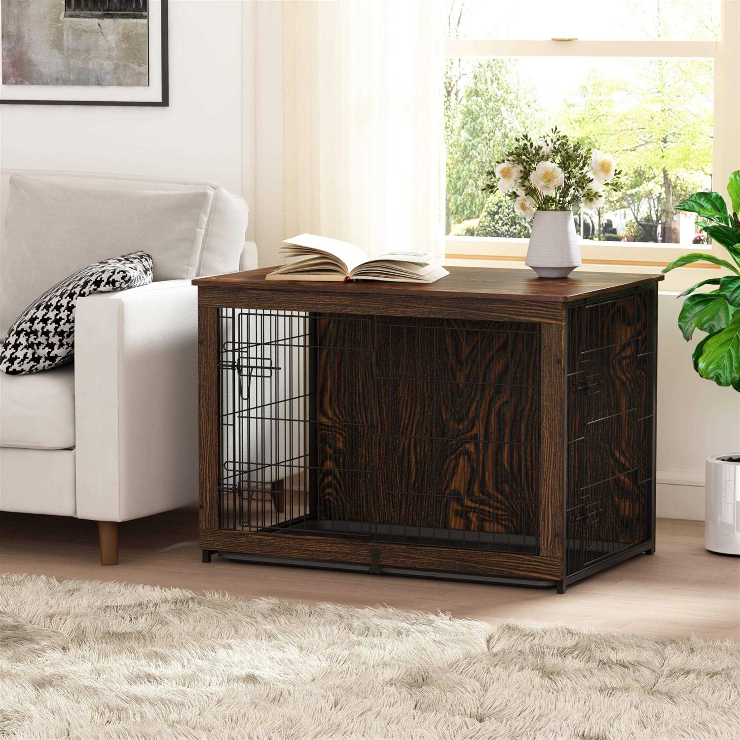 Megidok Wooden Dog Crate Furniture with Cushion Dog Crate End Table with Tray