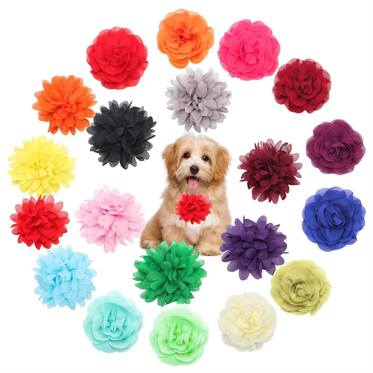 20Pcs Dog Flower Collar Accessory Catcan Multi-Color Pet Flower Collars 2 Style Soft Chiffon Dog Bow Tie Charms Flower for Puppy Collar Grooming
