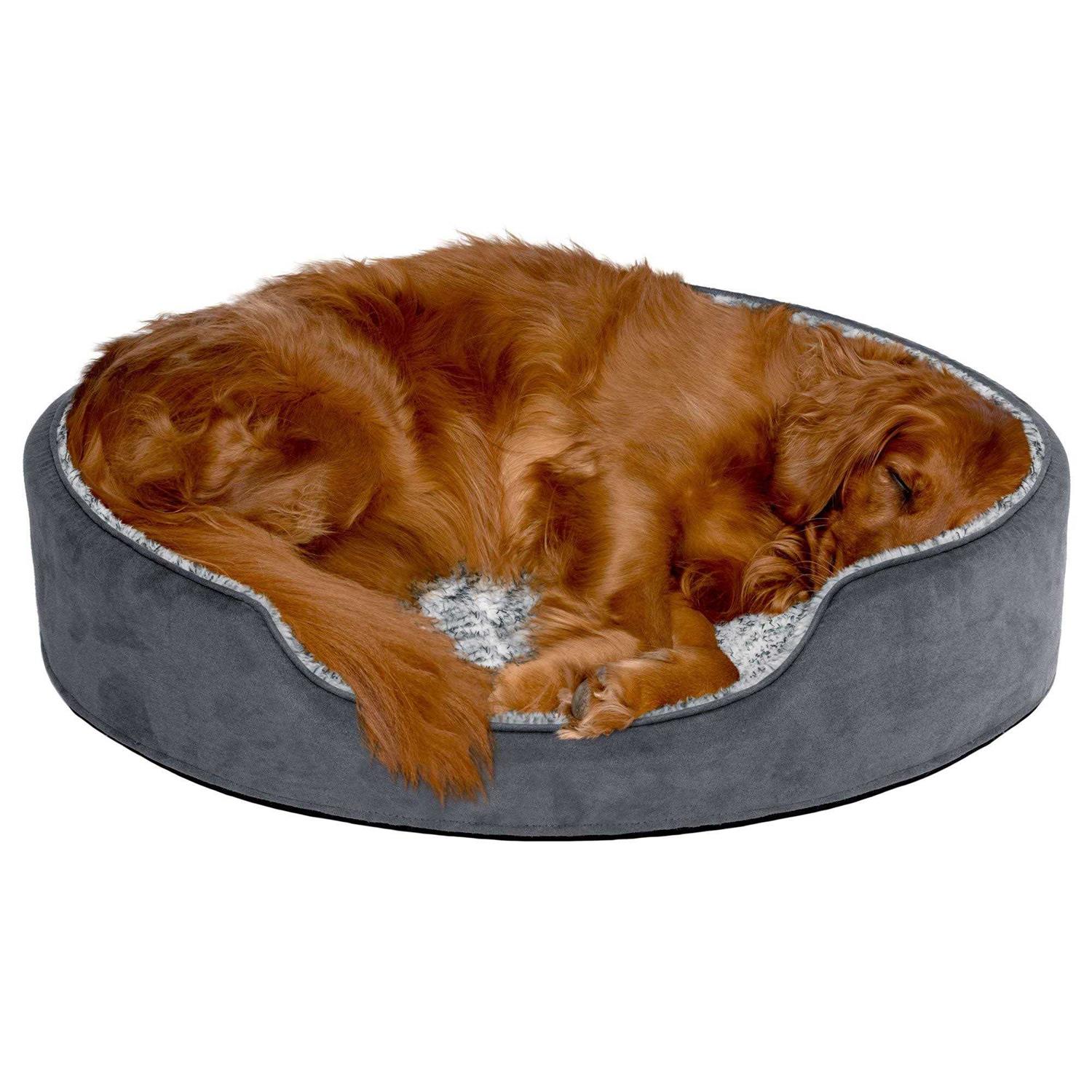 FurHaven Two-Tone Fur & Suede Oval Dog Bed