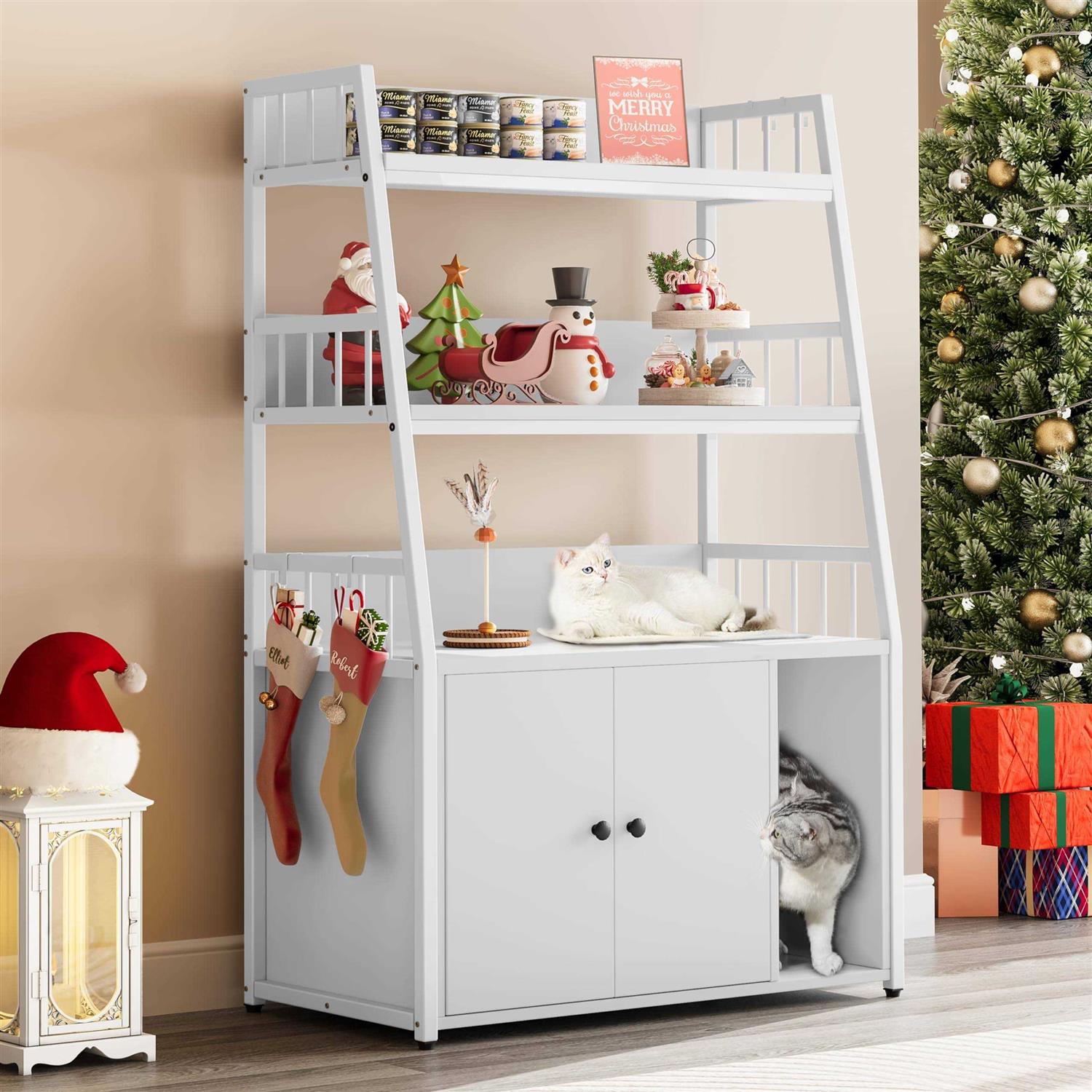 YITAHOME Cat Litter Box Enclosure with Storage Shelves Indoor Large Litter Box Furniture Wooden Hidden Cat Cabinet Washroom