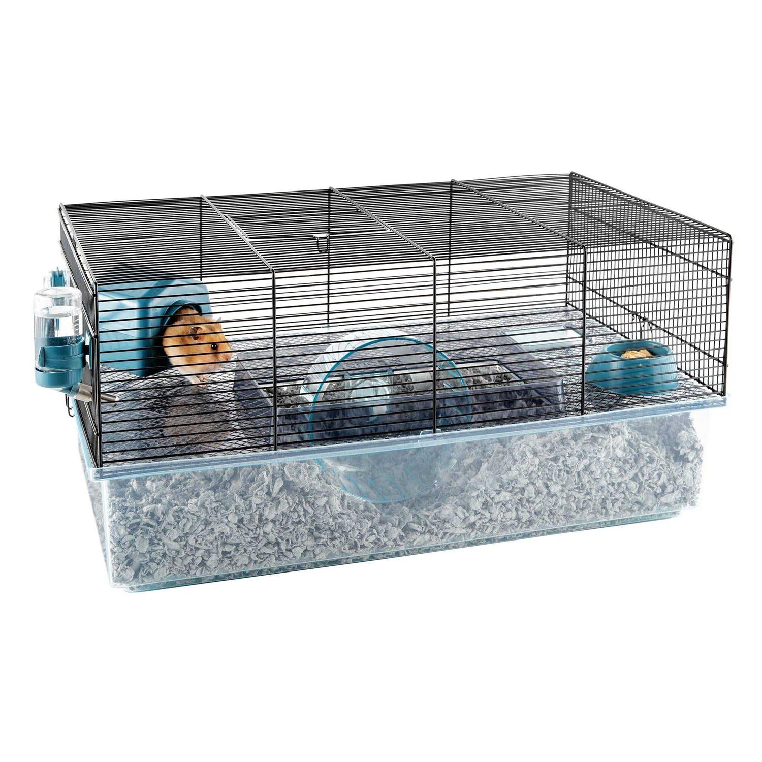 Full Cheeks Hamster Habitat Includes Cage, Wheel, Hideaway, Bottle, Bowl, Ramp, and Shelf