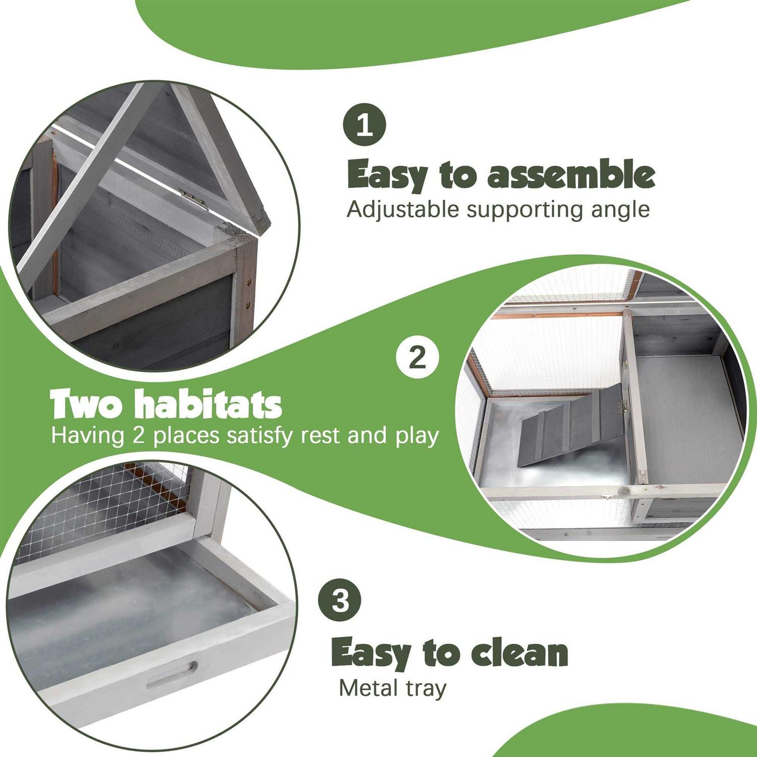 cozivvovv 2 Story Wooden Rabbit Hutch Indoor Outdoor Rabbit Cage with Pull Out Tray, Openable Roof, Side Door and Anti-Slip Ramp