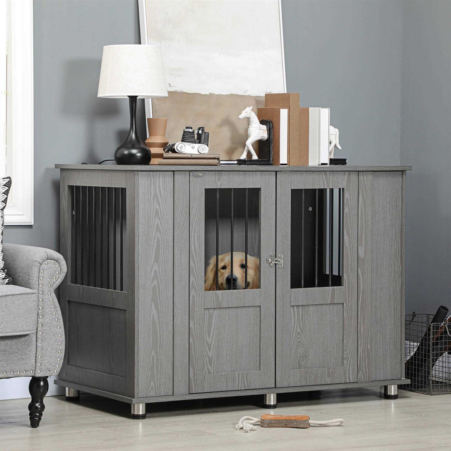 PawHut Dog Crate Furniture Wooden End Table Furniture with Lockable Magnetic Doors