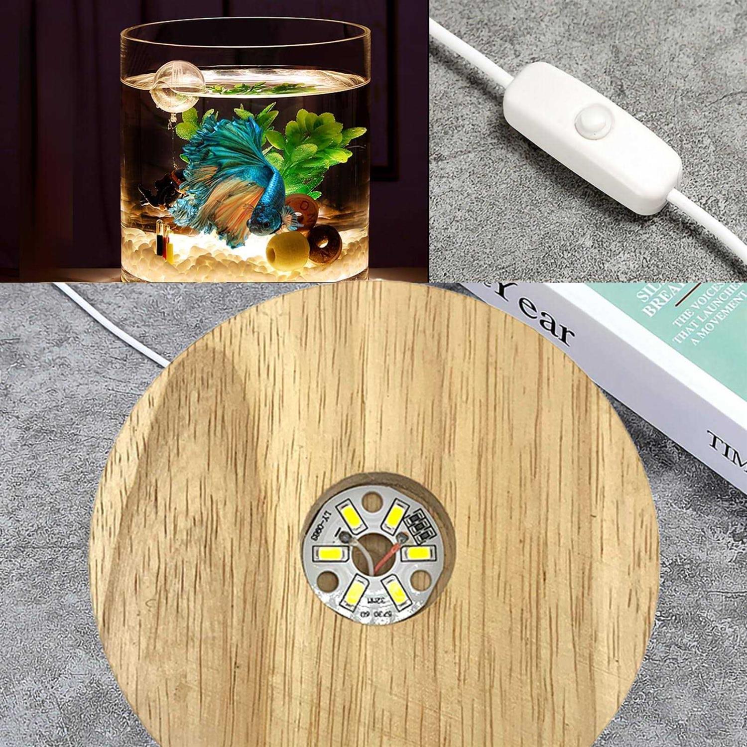 SANOSY Aquarium Starter Kits 0.81-Gallon Fish Tank for Beginner Cylindrical Betta Fish Bowl with Wooden Base LED Light Water Pump
