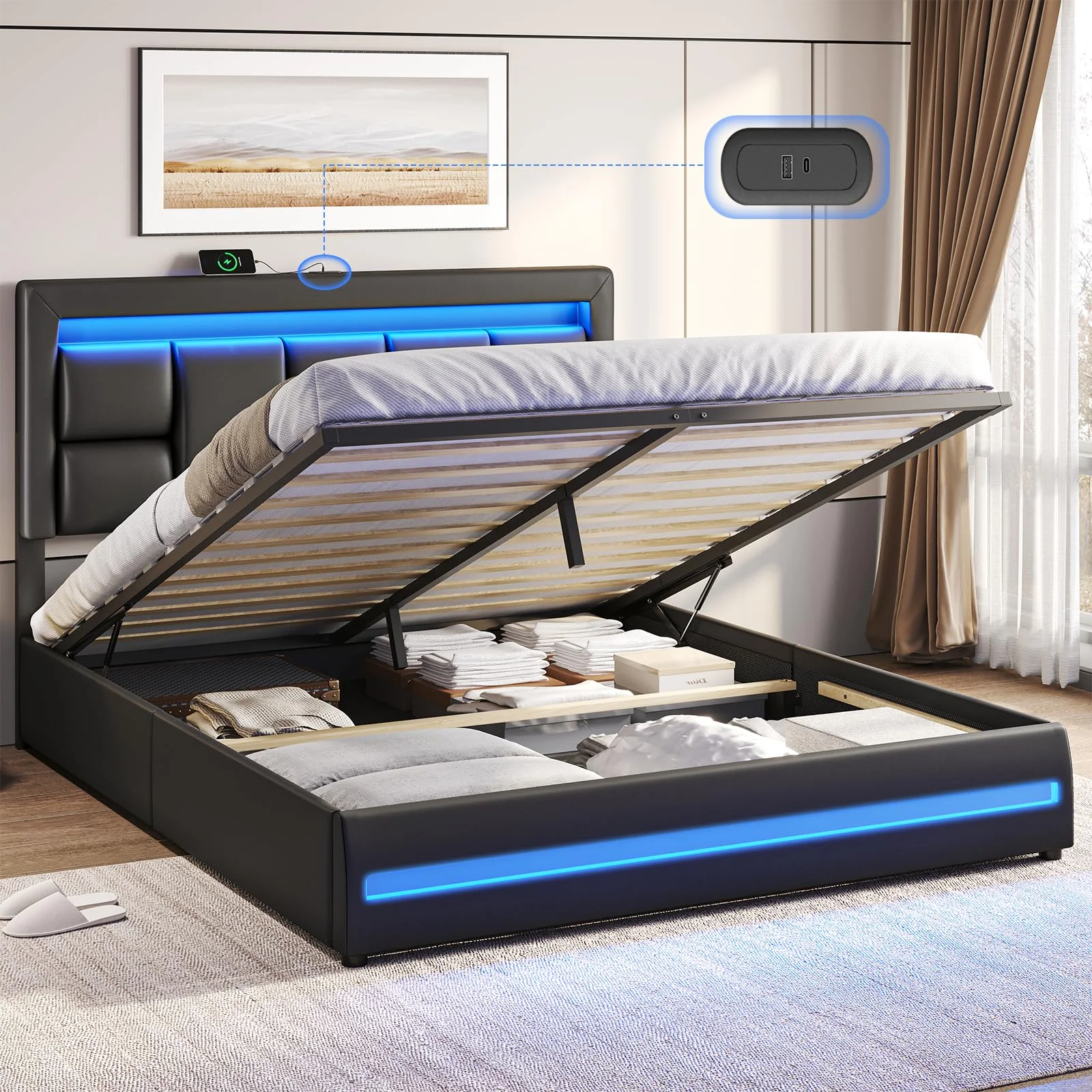 Afuhokles Queen Size Lift Up Storage Bed Frame with Charging Ports and ...