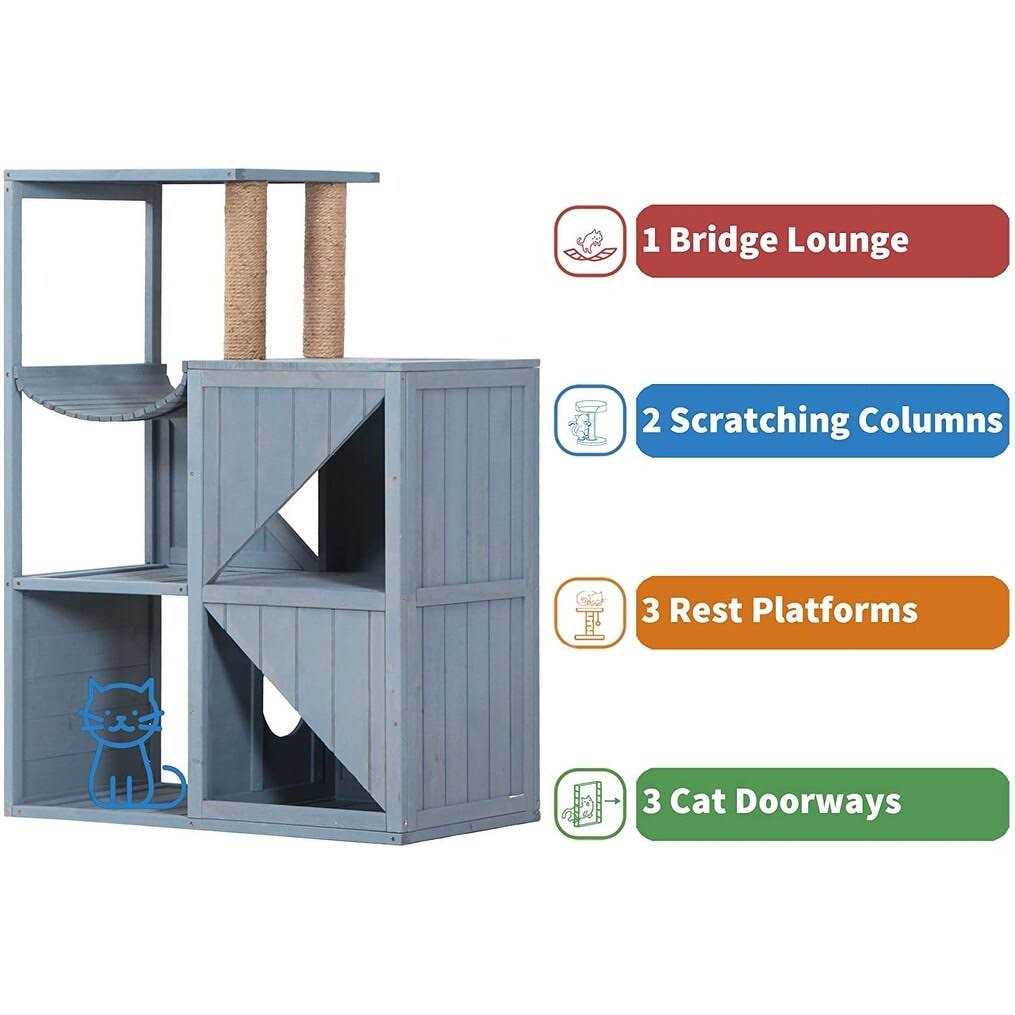 MCombo 43.5 inch Tall Solid Wood Cat House w/ Scratching Columns 0505