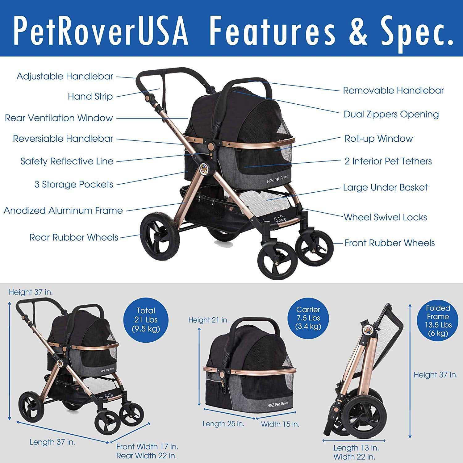 HPZ Pet Rover Prime 3-in-1 Luxury Stroller