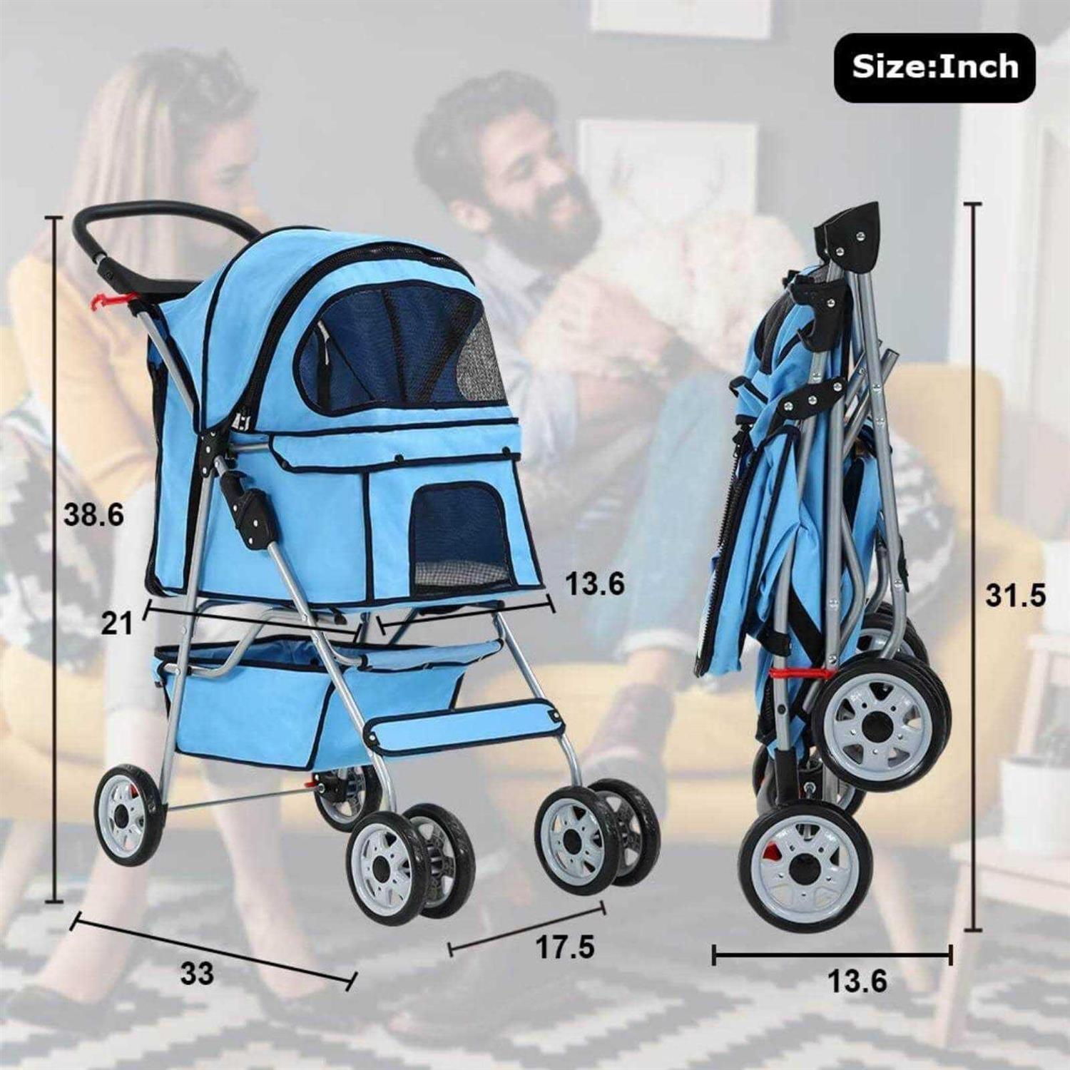 4 Wheels Pet Stroller Foldable Dog Stroller Cat Stroller with Cup Holders& Storage Basket for Small Medium Dogs