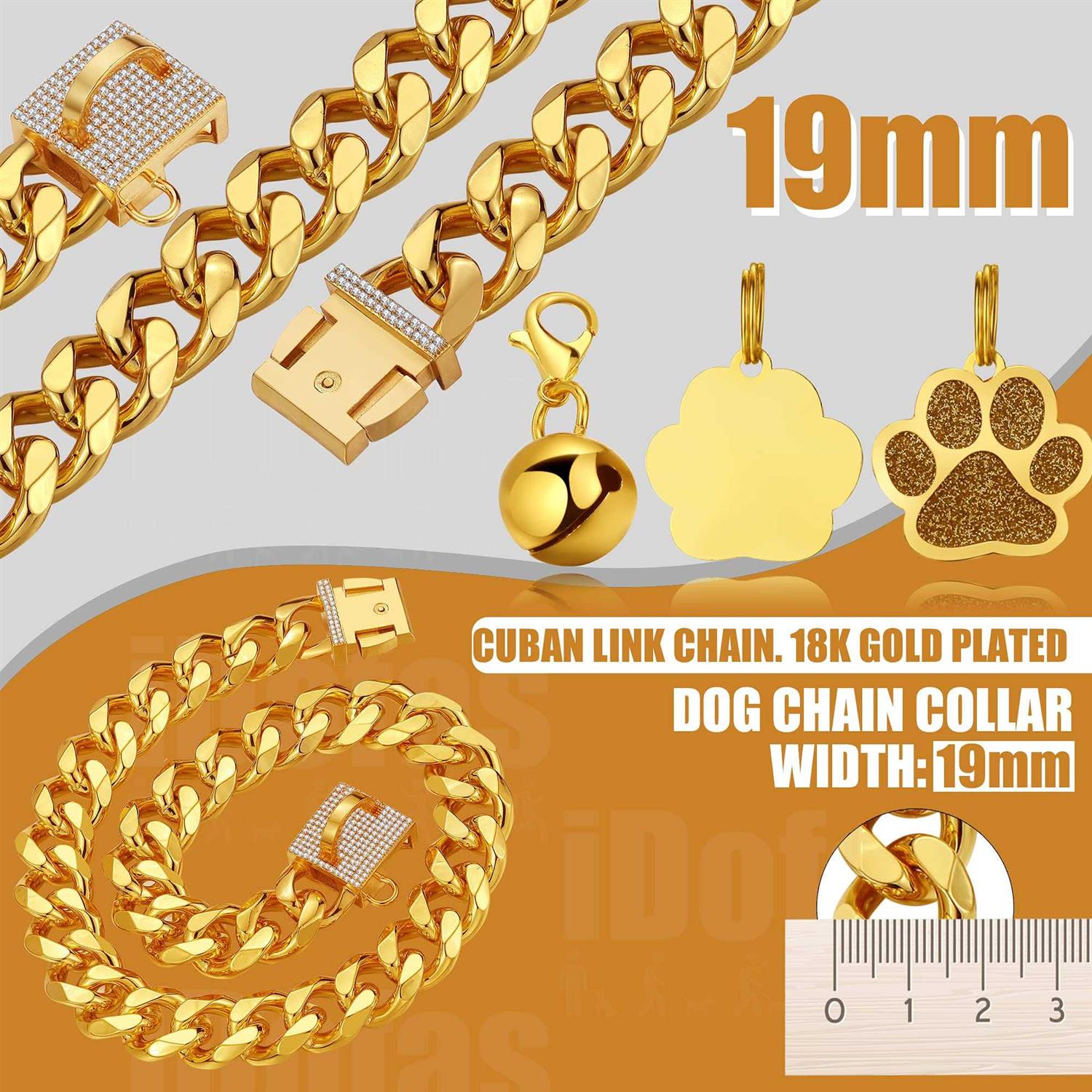 LuxLife Dog Chain Collar Designer Luxury Dog Collar Gold with CZ Buckle 19mm Cuban Link Dog Chain Metal Dog Collars for Puppy Small Medium Large