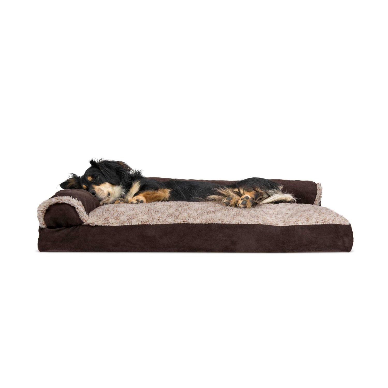 FurHaven Pet Bed Two-Tone Faux Fur Suede Deluxe Chaise Lounge Dog Bed