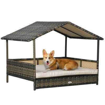 PawHut Wicker Dog House Elevated Raised Rattan Bed for Indoor/Outdoor with Removable Cushion Lounge