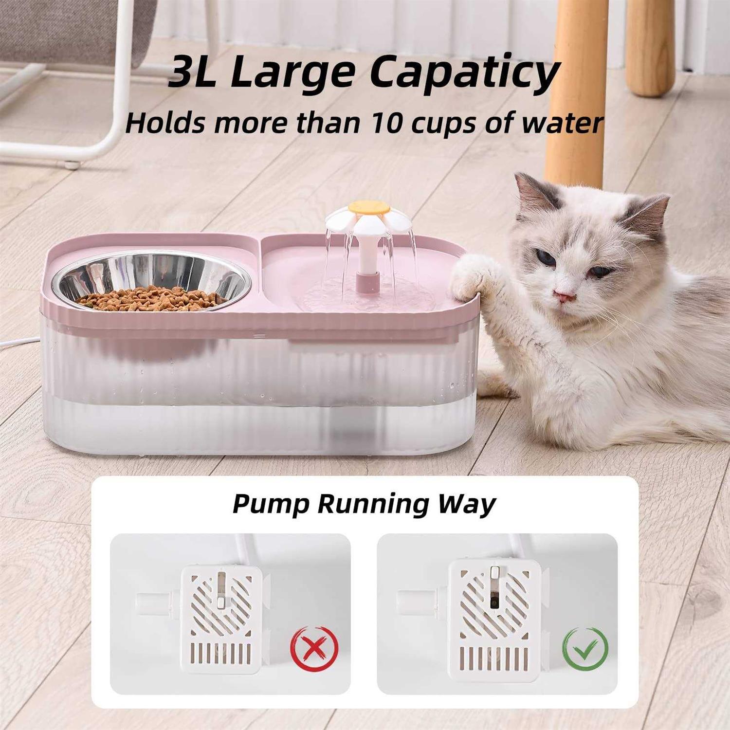 JEERAMIA Cat Water Fountain and Food Bowl, 3L/101oz Ultra Quiet Pet Water Dispenser with Smart Pump and 3 Replacement Filters