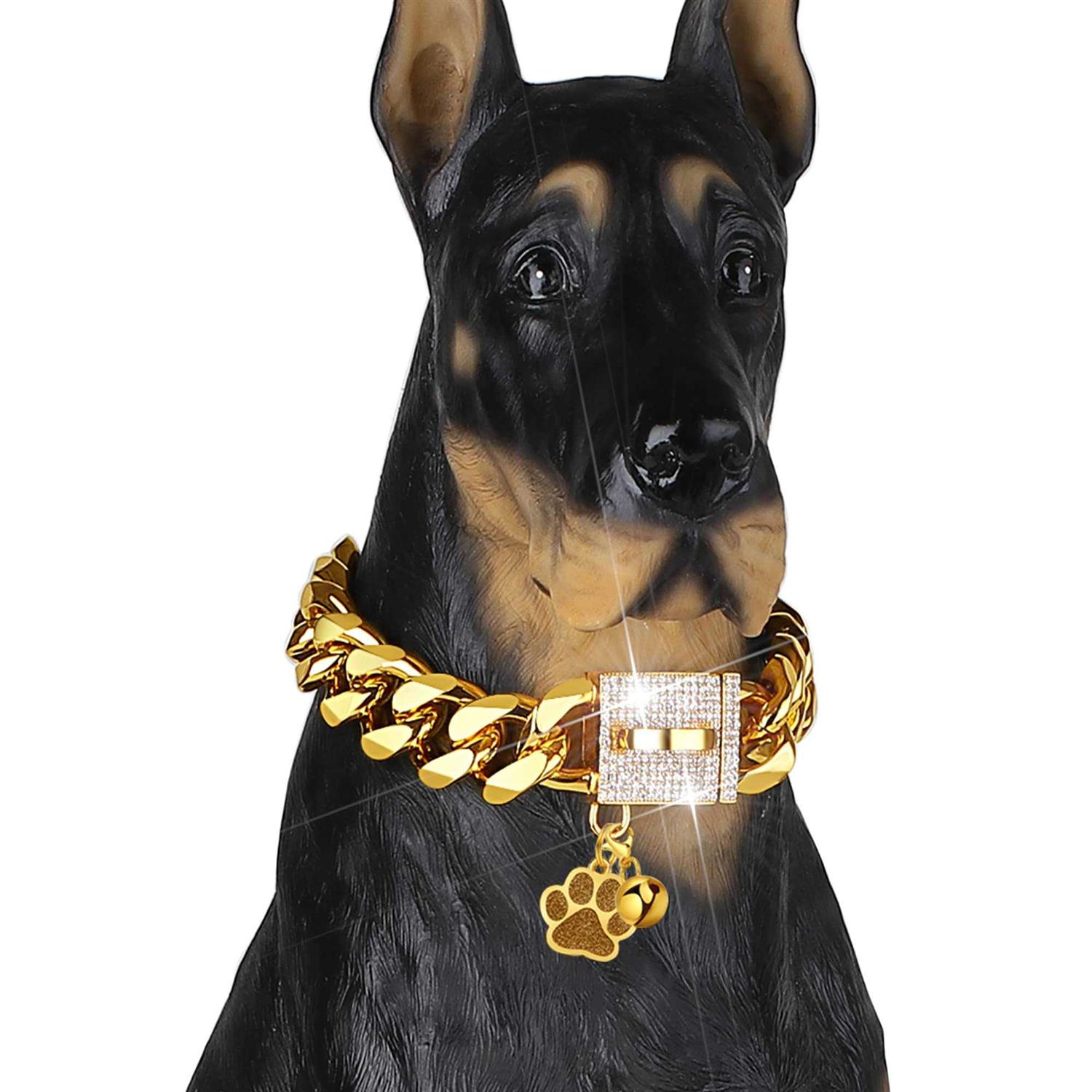 LuxLife Dog Chain Collar Designer Luxury Dog Collar Gold with CZ Buckle 19mm Cuban Link Dog Chain Metal Dog Collars for Puppy Small Medium Large