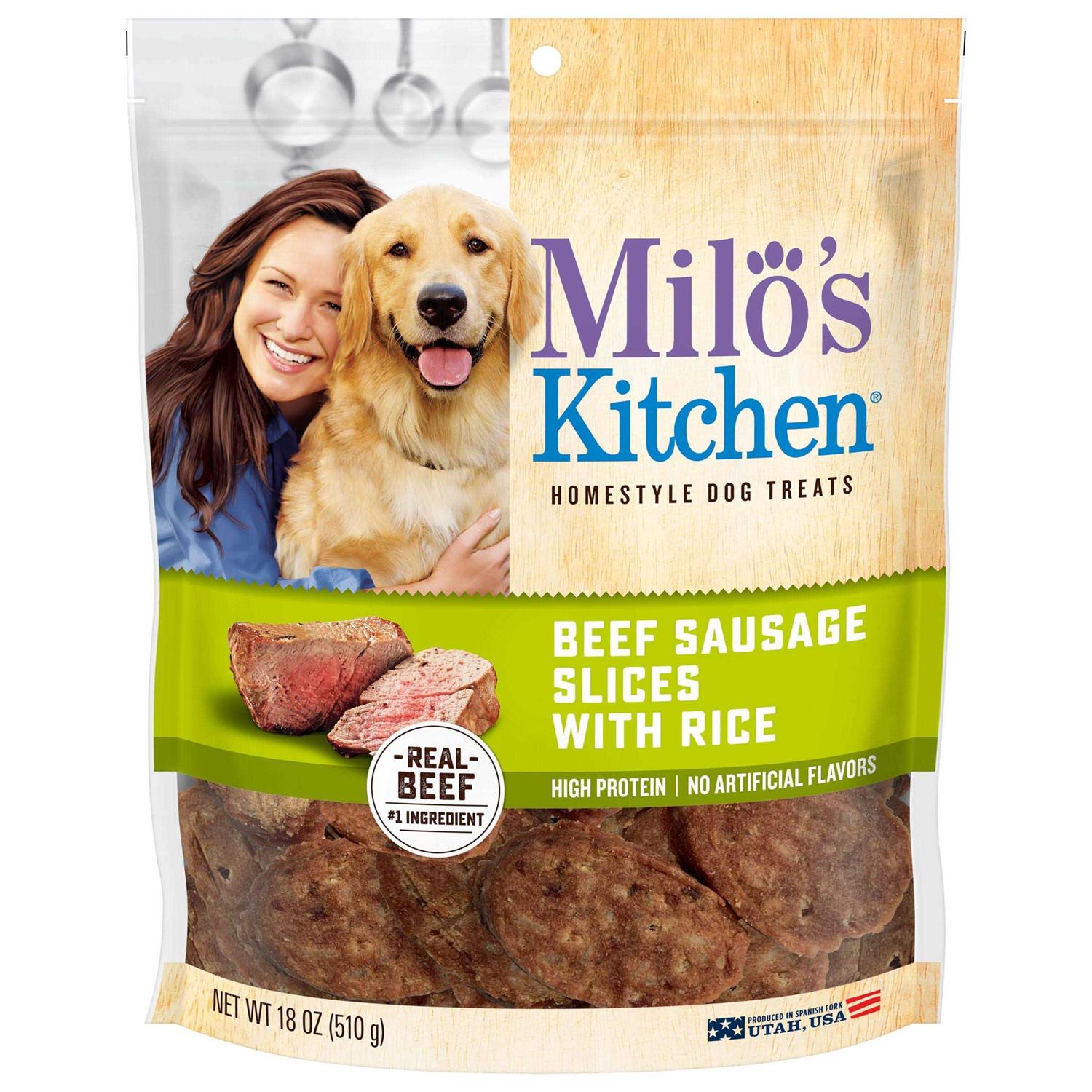 Milo’s Kitchen Beef Sausage Slices with Rice Dog Treats