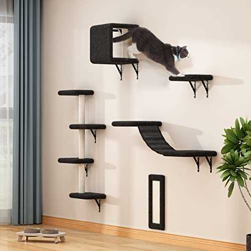 Wall Mounted Cat Furniture, Cat Wall Shelves Set of 5 with Cat Tree, Cat Perch, Cat Scratcher, Cat Bridge and Cat Condo, Gray (Black)