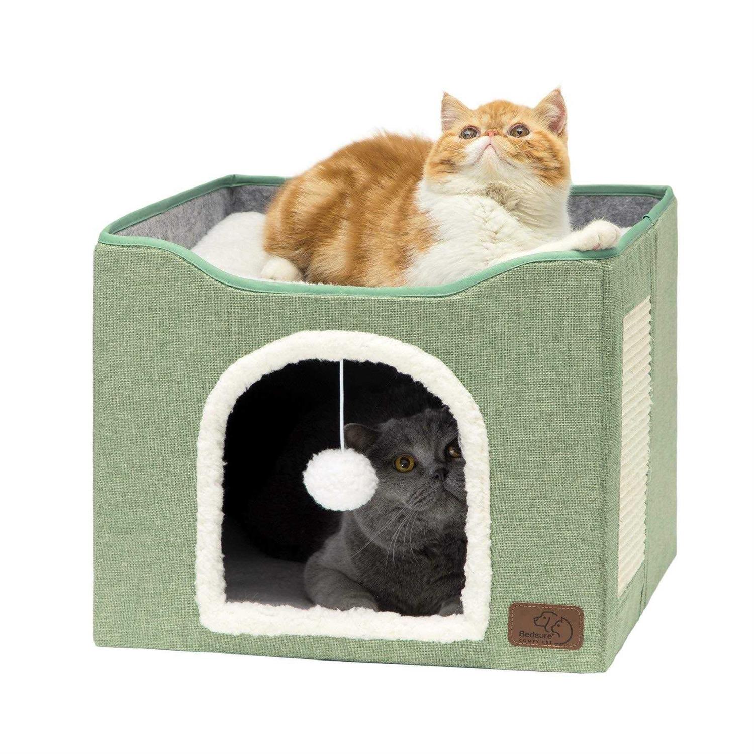 Bedsure Cat Beds for Indoor Cats Large Cat Cave for Pet Cat House with Fluffy Ball Hanging and Scratch Pad