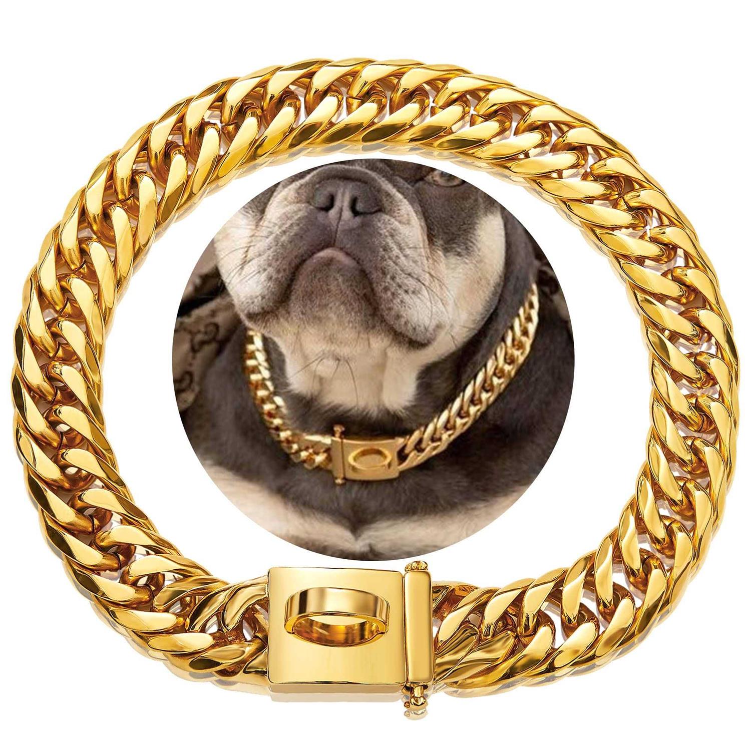 W/W Lifetime Gold Chain Dog Collar 16MM 18K Gold Cuban Link Dog Collar with Secure Snap Buckle