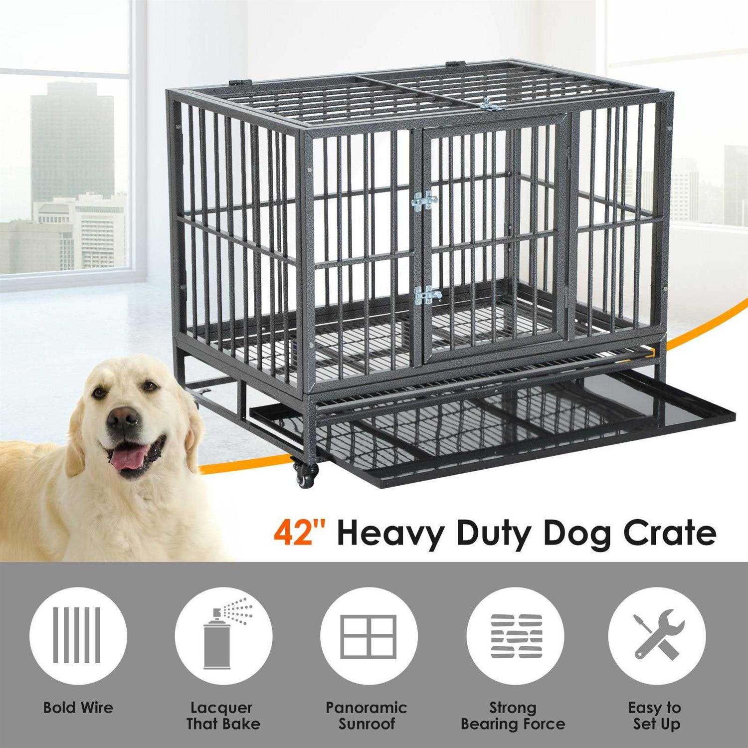 PawHut Heavy Duty Dog Crate Metal Cage Kennel with Lockable Wheels, Double Door and Removable Tray