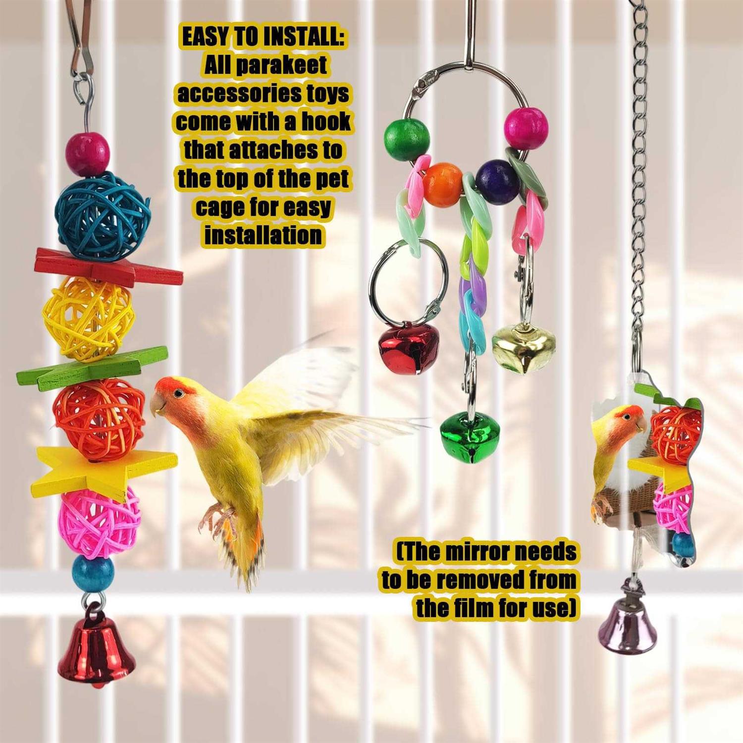 Xloey Parakeet Toys,7 Pcs Colorful Bird Toys for Parakeets,Pet Bird Cage Hammock Swing Climbing Ladders Chewing Toy Mirror Hanging Bell Wooden Perch