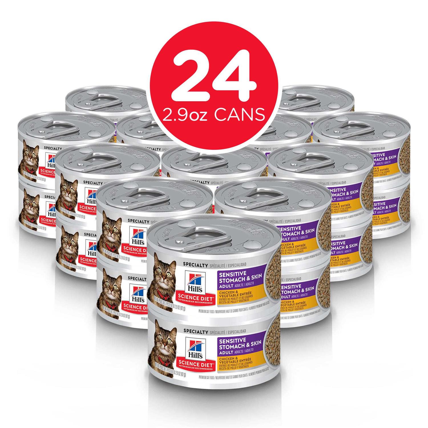 Hill’s Science Diet Adult Sensitive Stomach & Skin Chicken & Vegetable Entrée Canned Cat Food, 2.9-oz can, case of 24